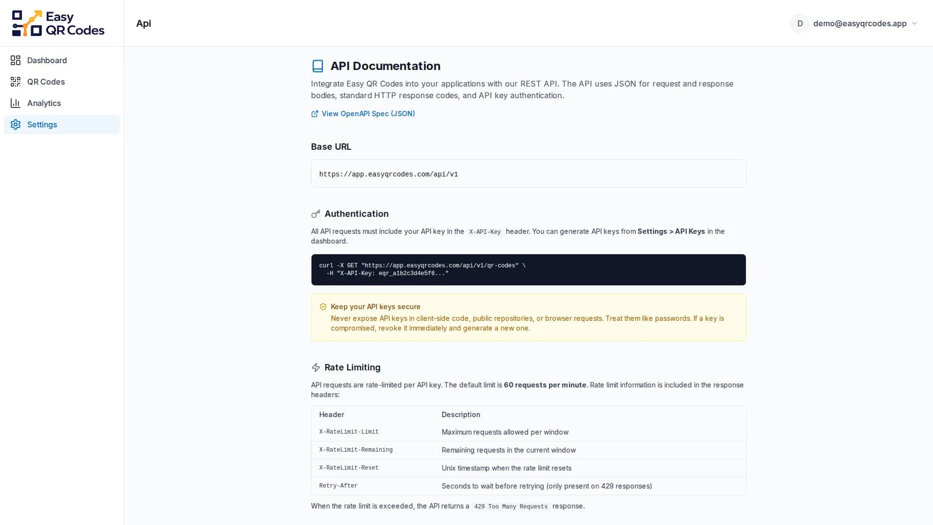 API Access — Dashboard screenshot