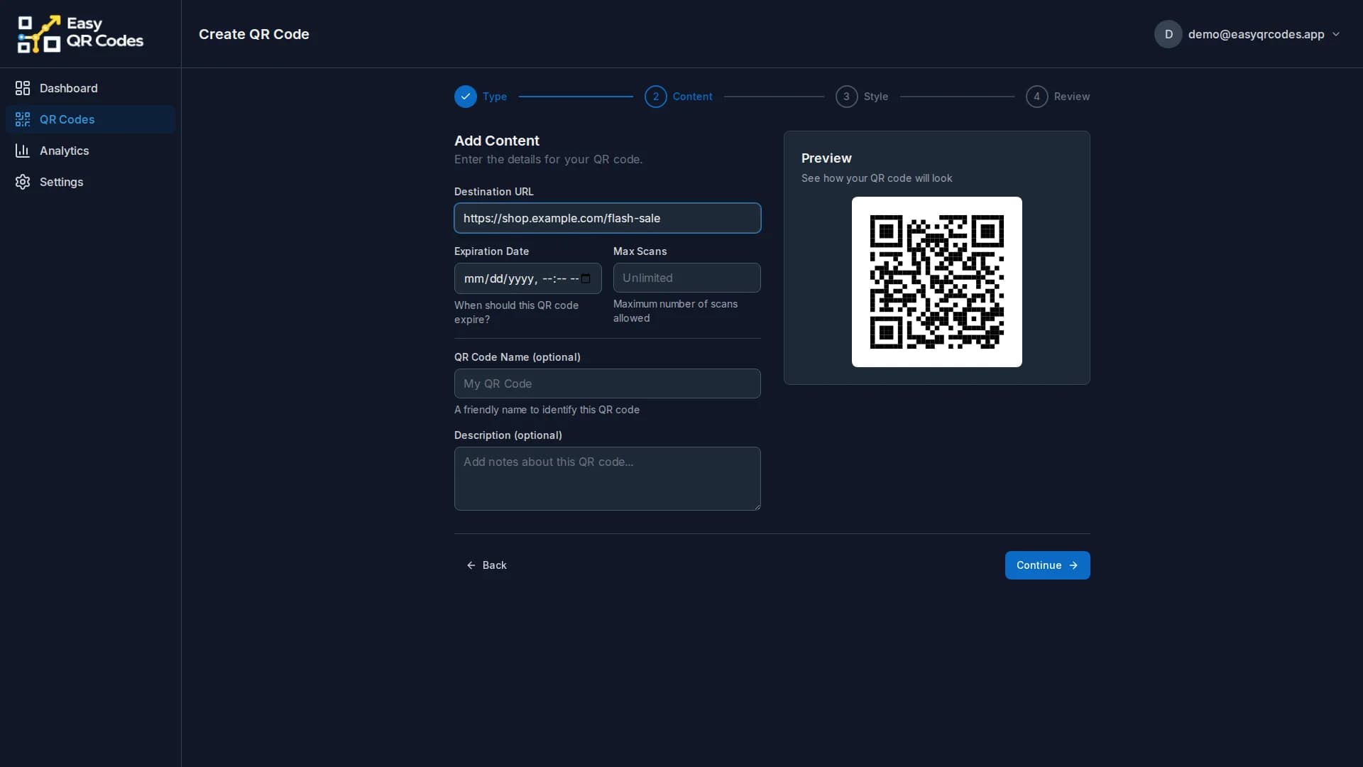 Temporary QR Codes — Dashboard screenshot