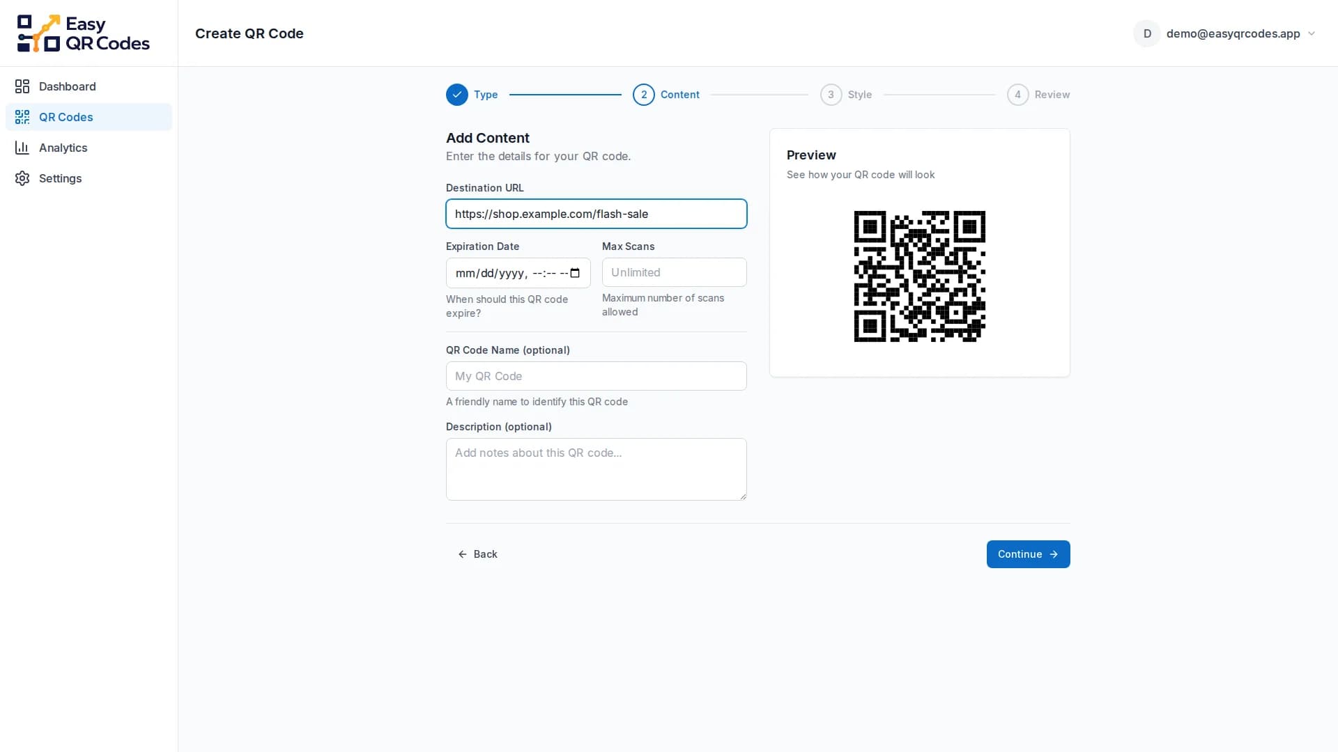 Temporary QR Codes — Dashboard screenshot